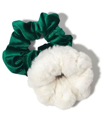 Elf x Kitsch Scrunchies - No Crease Hair Ties for Girls, Scrunchies for Women - 2pcs, Green Velvet &amp; White Faux Fur