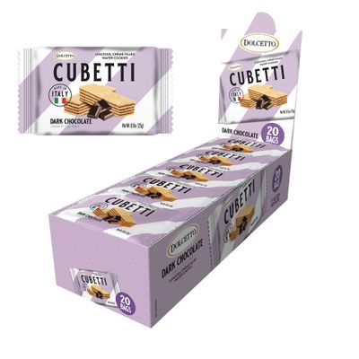 Dolcetto Cubetti Wafer Cookies, Creamy Dark Chocolate, Crispy Gourmet Treats made in Italy, NO Preservatives, Grab-and-Go Single-serve size 0.9oz, Great snacks for sharing and gift baskets 20 Packs