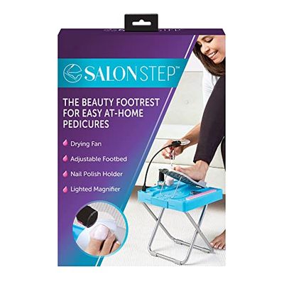 Salon Step The Beauty Footrest for Easy at-Home Pedicures, Treat Your Feet, No More Bending or Stretching with LED Magnifier, Drying Fan, Adjustable Foot Rest, Non-Slip Sturdy Legs &amp; Built-in Storage