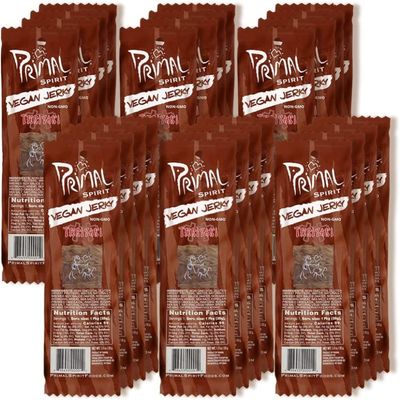 Primal Spirit Vegan Jerky - Classic Flavor - Teriyaki, 10 g. Plant Based Protein, Certified Non-GMO, No Preservatives, Sports Friendly Packaging 24 Pack, 1 oz