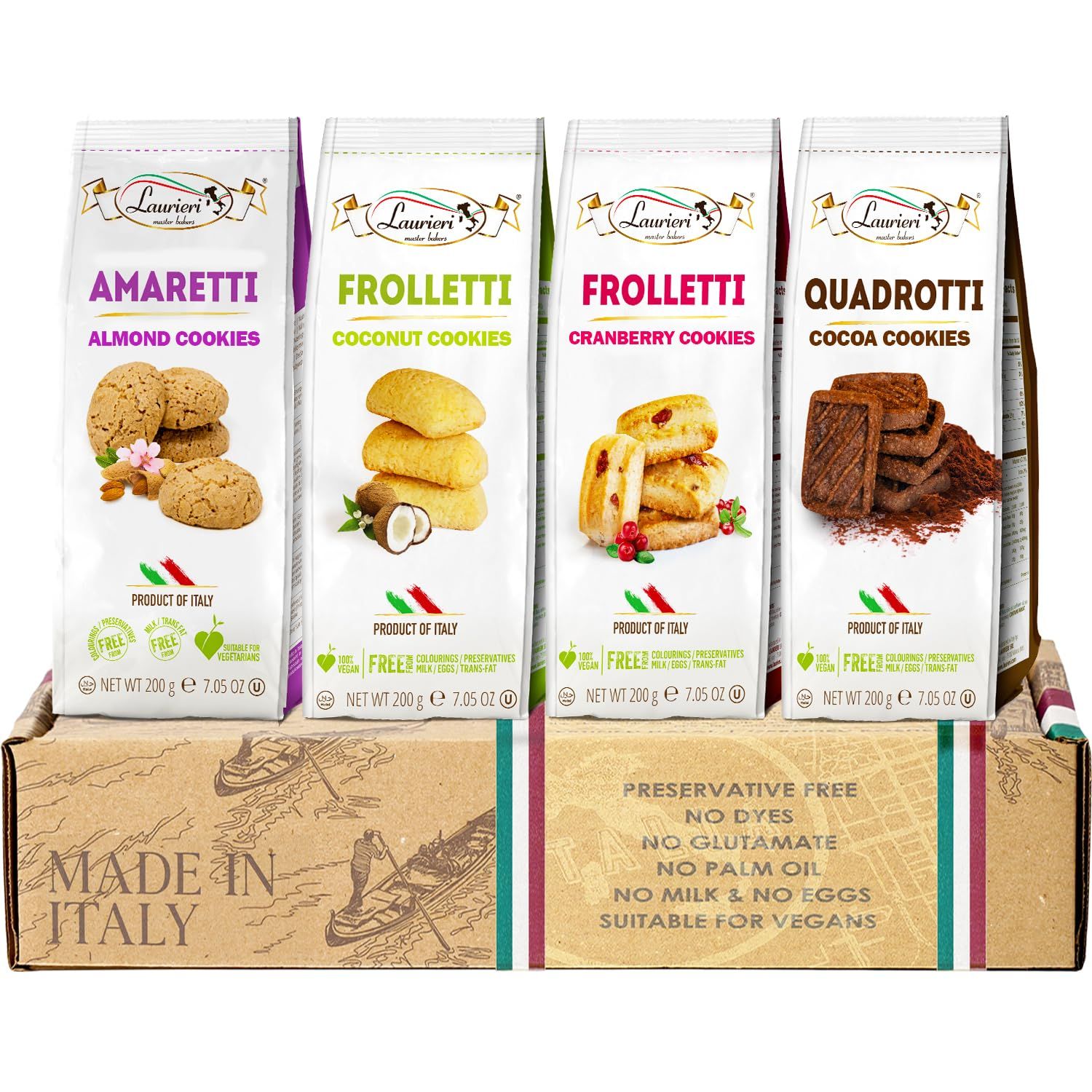Cookies Gift Basket - Pack Of 4 - Italian Cookie Gift Pack - Shortbread Italian Snacks - Assortment of Coconut, Almond, Cranberry and Cocoa Flavors - Kosher, Vegan, Preservatives Free