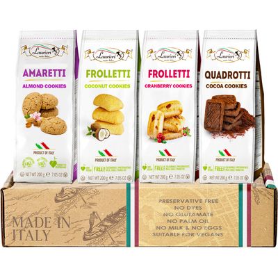 Cookies Gift Basket - Pack Of 4 - Italian Cookie Gift Pack - Shortbread Italian Snacks - Assortment of Coconut, Almond, Cranberry and Cocoa Flavors - Kosher, Vegan, Preservatives Free