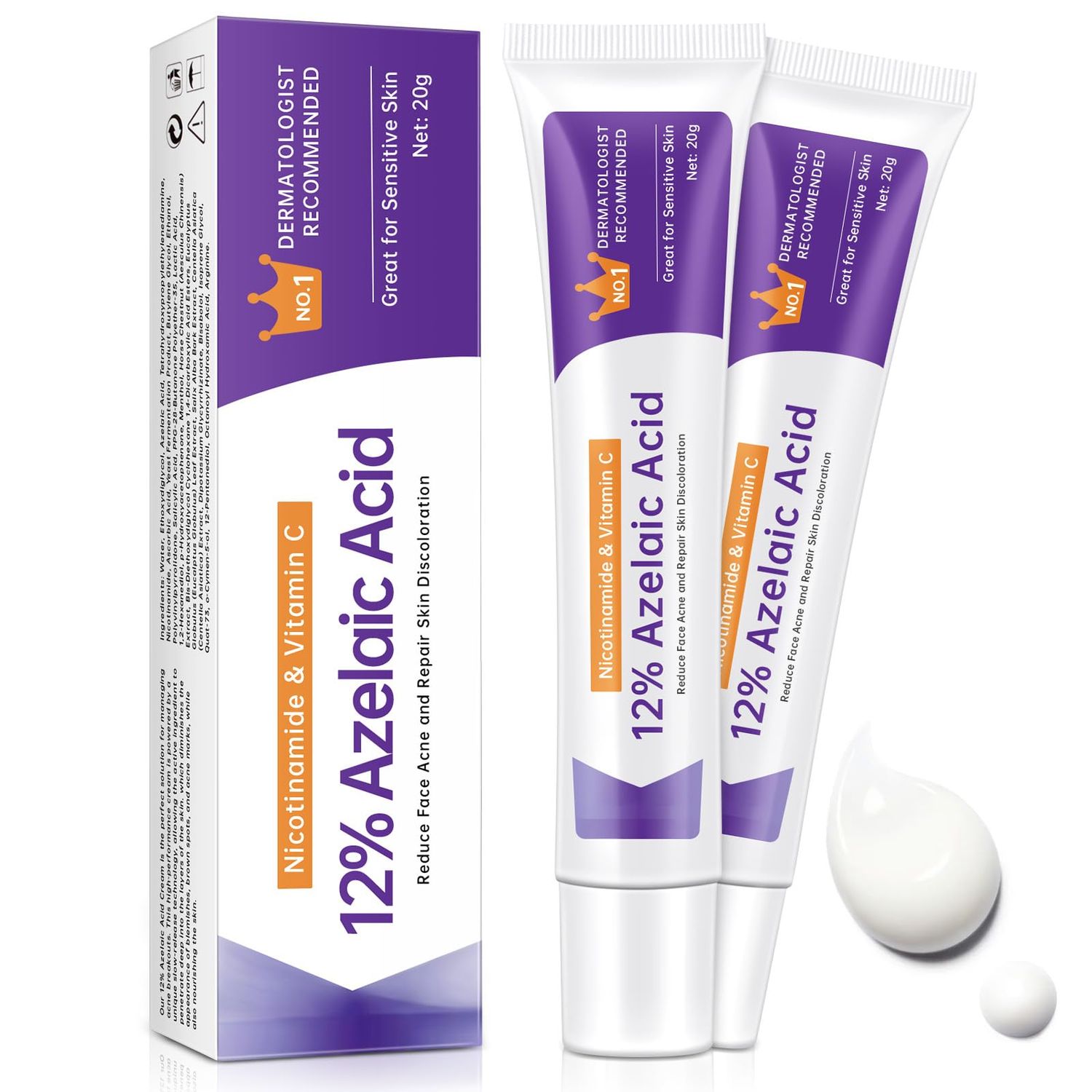 Azelaic Acid 12 Cream For Face, Azelaic Acid Acne Cream For Rosacea Treatment, Redness Relief, 2PCS Azelaic Acid Serum With Salicylic Acid &amp; Niacinamide For Dark Spot, Skin Care.