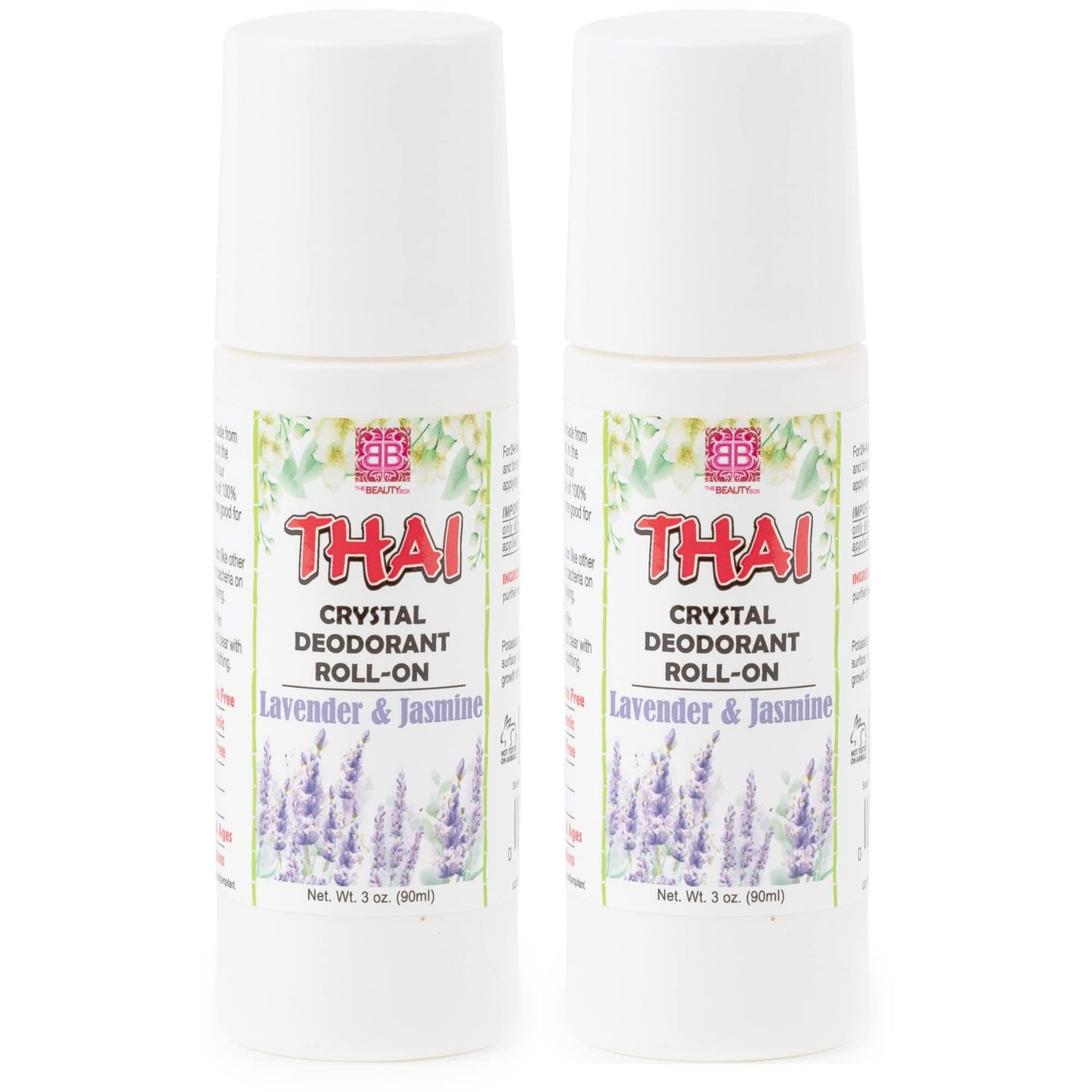 2 PACK- Thai Crystal Deodorant Stone Set - Potassium Alum All Natural Deodorant for Women &amp; Men - 3 Oz. Roll-On Jasmine Lavender without Animal Testing or Chemicals by The Beauty Box