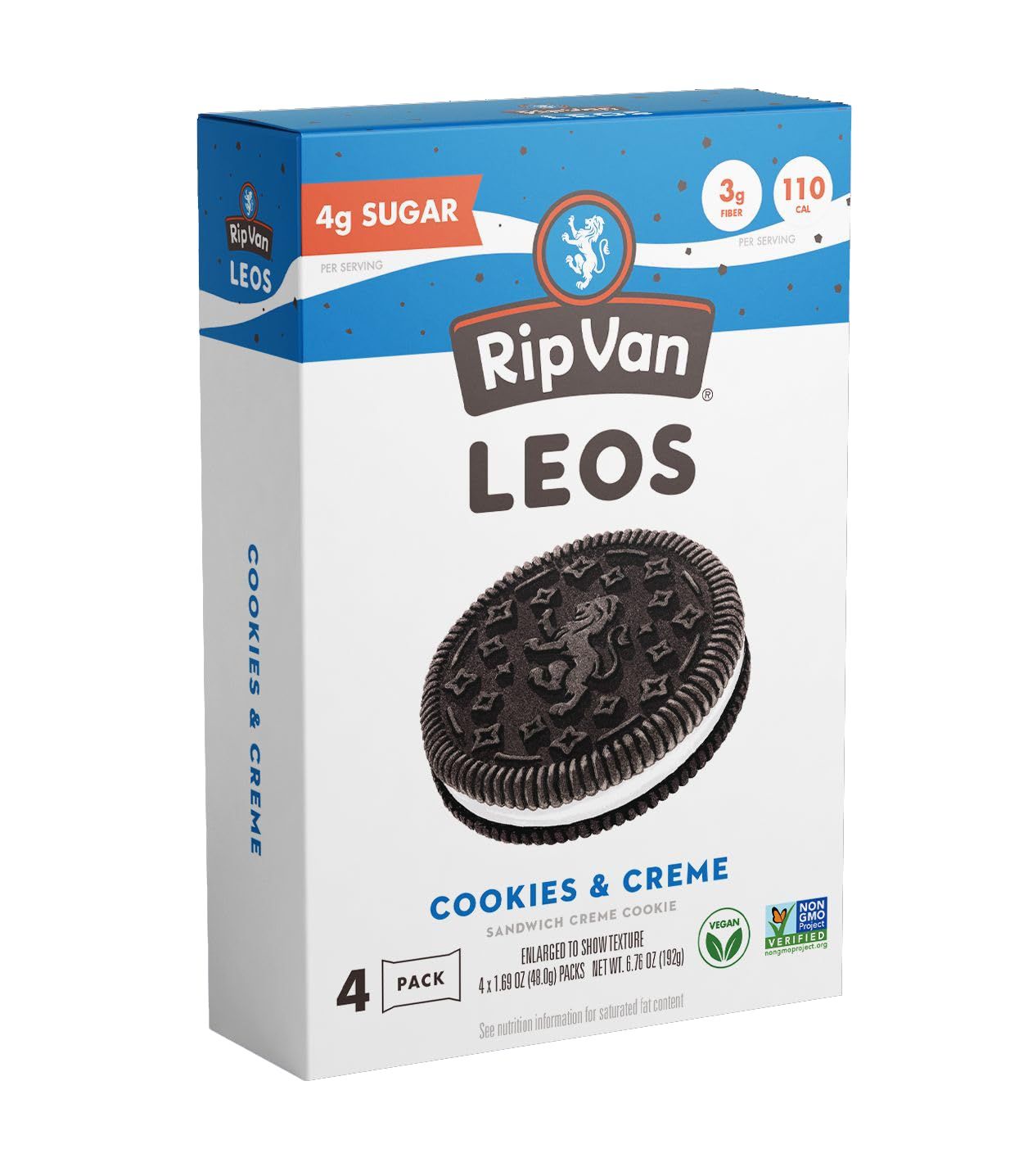 Rip Van LEOs - Cookies and Cream Sandwich Cookies - Low Sugar and Low Carb Snack - Diabetic and Vegan Snacks - 4 Packs of 1.69oz