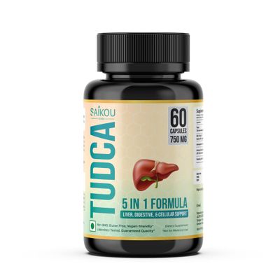 SAIKOU HERBS TUDCA Tauroursodeoxycholic Acid 750mg - 5 in 1 with Milk Thistle, Ashwagandha, Dandelion and Ginseng - 60 Servings