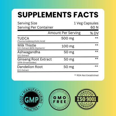 SAIKOU HERBS TUDCA Tauroursodeoxycholic Acid 750mg - 5 in 1 with Milk Thistle, Ashwagandha, Dandelion and Ginseng - 60 Servings