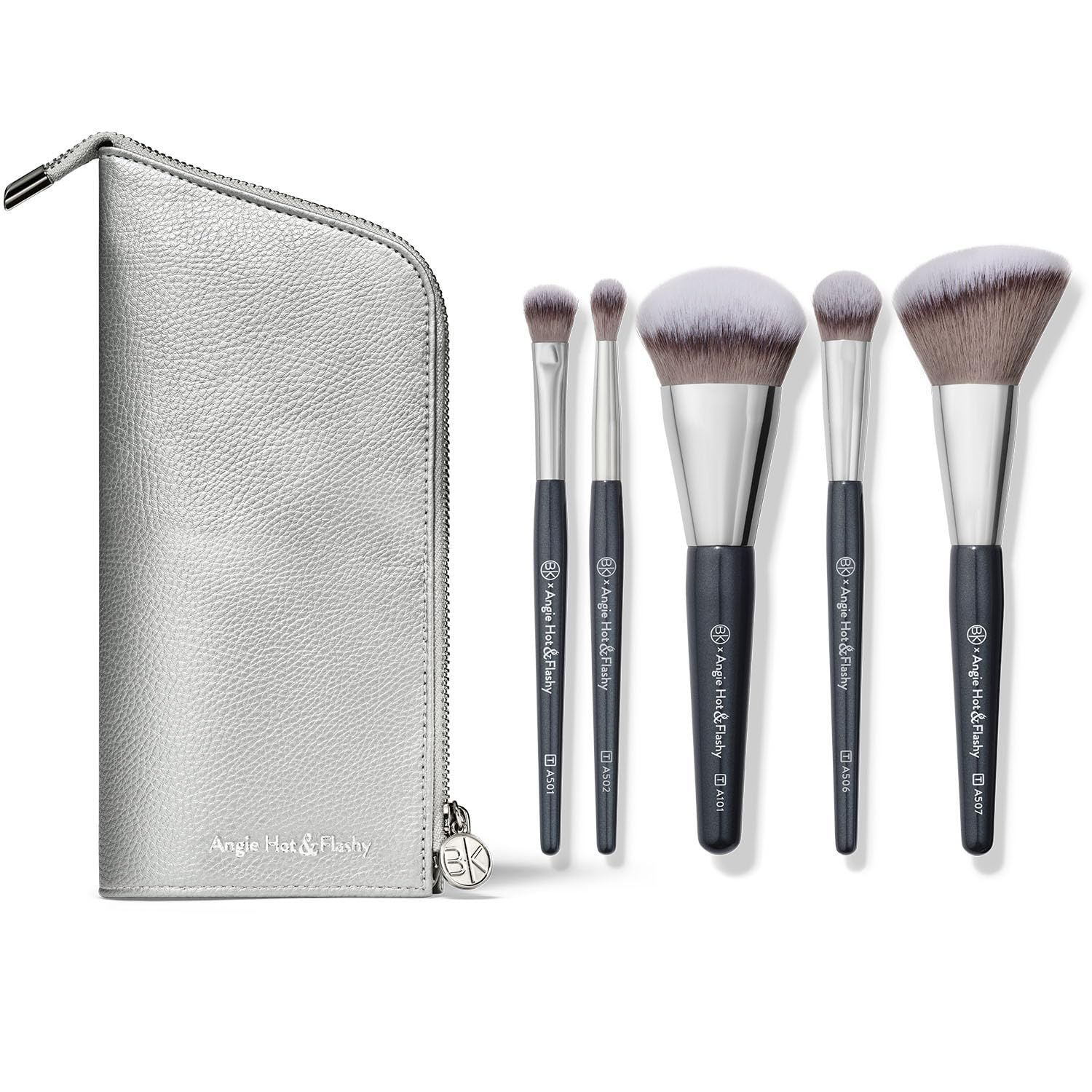 BK BEAUTY BRUSHES - ANGIE HOT &amp; FLASHY Travel Brush Set with Pouch - Foundation Makeup Brushes - Brush for Liquid or Cream Foundations - Under-Eye Concealer Bronzer, Blush &amp; Highlighter Makeup Brush