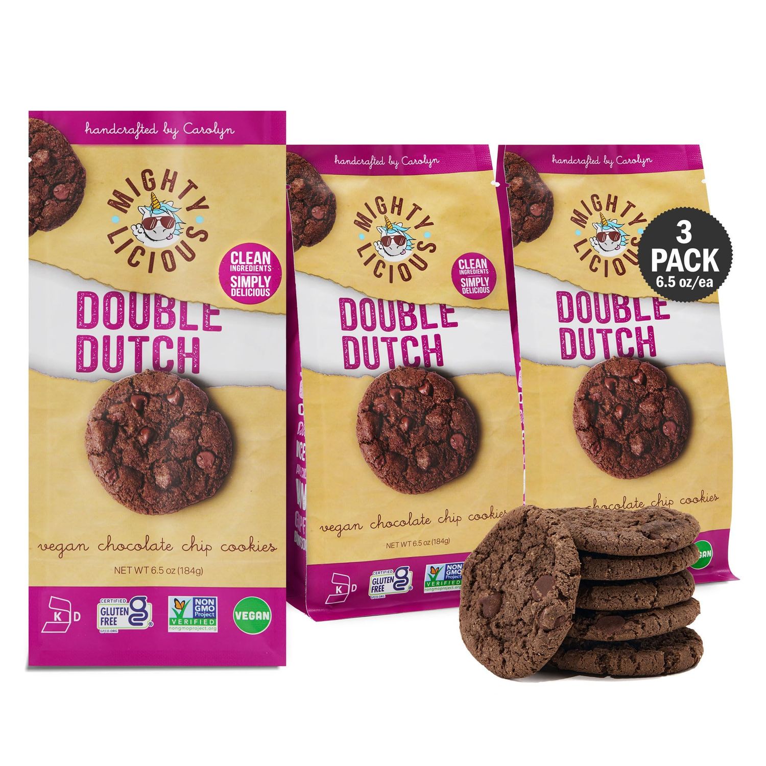 MIGHTYLICIOUS Vegan Double Dutch Chocolate Chip Cookies - Gluten-Free, Allergen Friendly, Kosher, Preservative-Free - Snack Option for a Guilt-Free Treat - 6.5 Oz 3 Pack