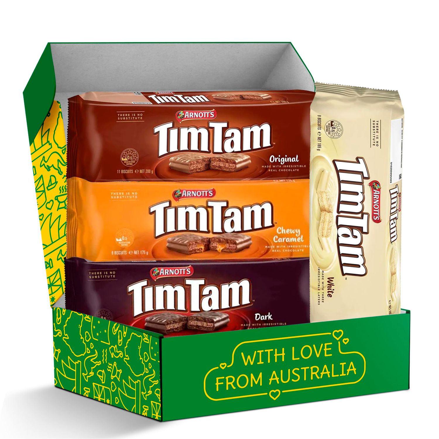 Tim Tam Cookies Care Package Gift Set - 4 Pack Full - Arnott&#39;s Tim Tam Original Chocolate Cookies with Chewy Caramel, Original, Dark &amp; White Chocolate Filling - Shipped from Australia