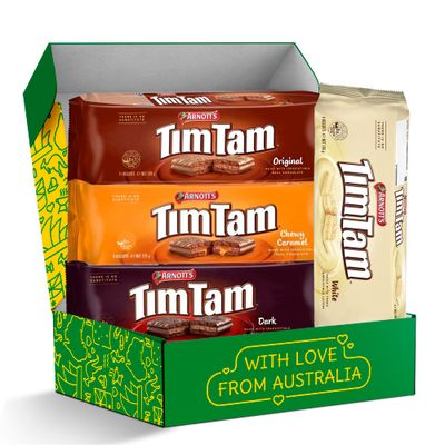 Tim Tam Cookies Care Package Gift Set - 4 Pack Full - Arnott&#39;s Tim Tam Original Chocolate Cookies with Chewy Caramel, Original, Dark &amp; White Chocolate Filling - Shipped from Australia