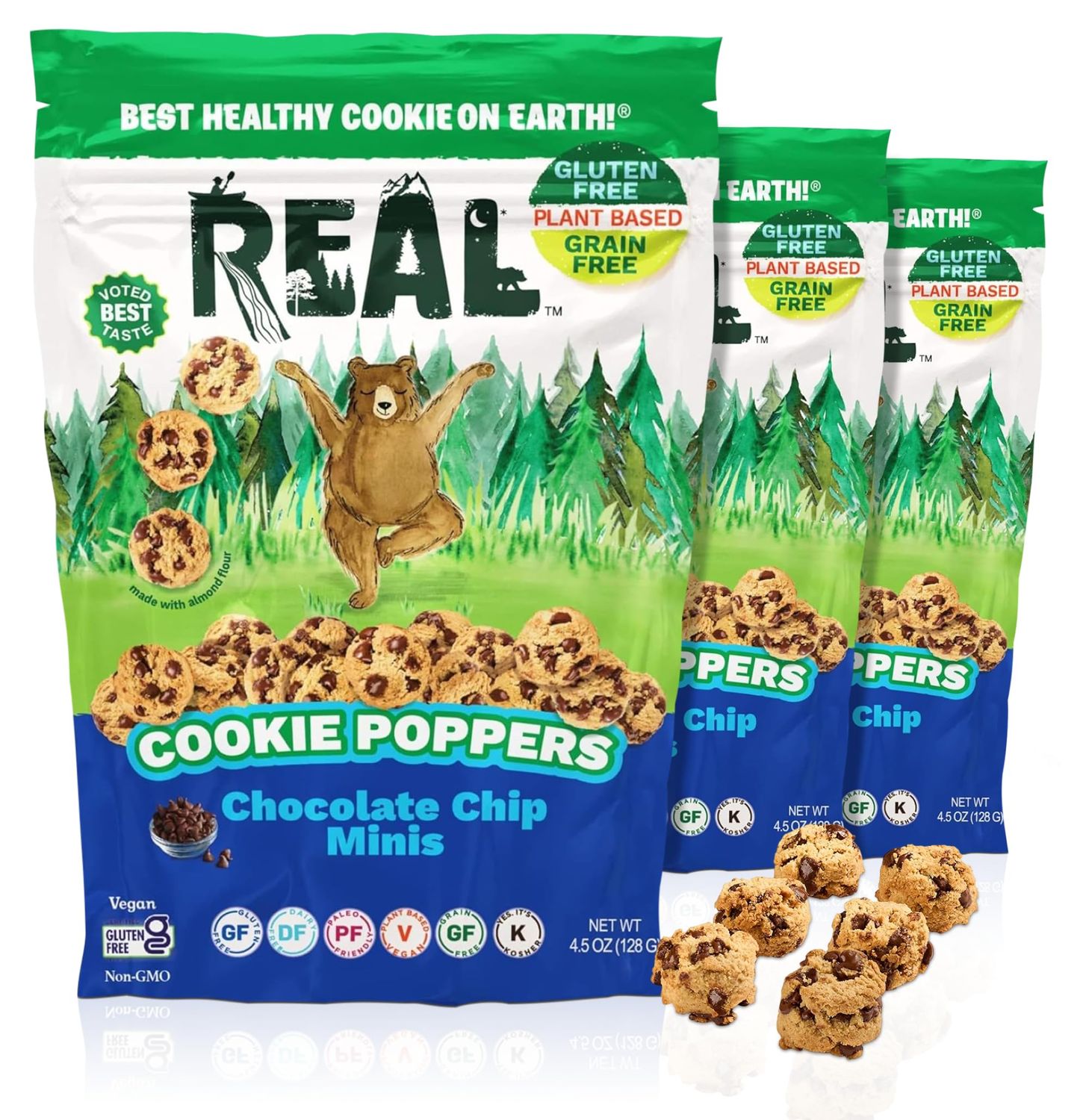 REAL Chocolate Chip Mini Cookie Poppers - Bite-sized Gluten Free Semi Soft Baked Cookies - Dairy Free, Vegan, Kosher, Paleo - Delicious Mini Chocolate Chip Cookies 4.5 oz, 3 Pack