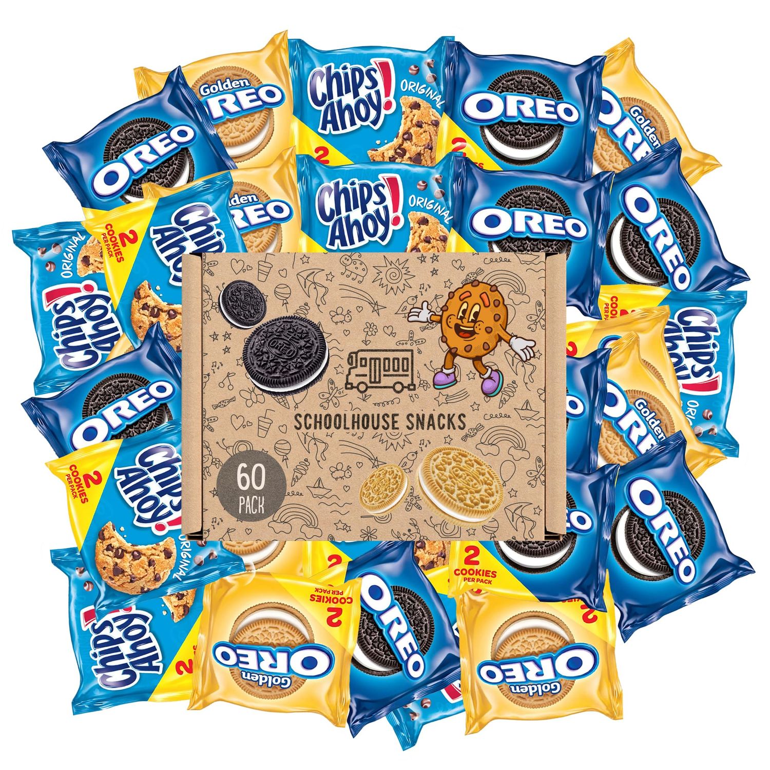 Nabisco Cookie Variety Pack OREOS, OREO Golden &amp; CHIPS AHOY!, 60 Snack Packs 2 Cookies Per Pack bundled by Schoolhouse Snacks