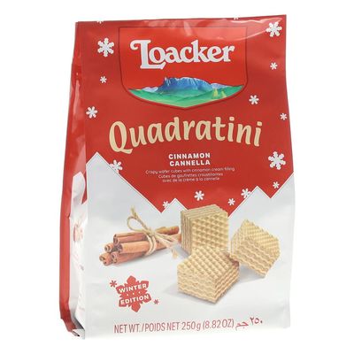 Loacker Quadratini Cinnamon Wafer Cookies LARGE - Limited Holiday Edition Premium Crispy Bite Size Wafers with Cinnamon Cream Filling - 30 Less Sugar - Resealable Family Pack - LARGE Snack Bag 250g...