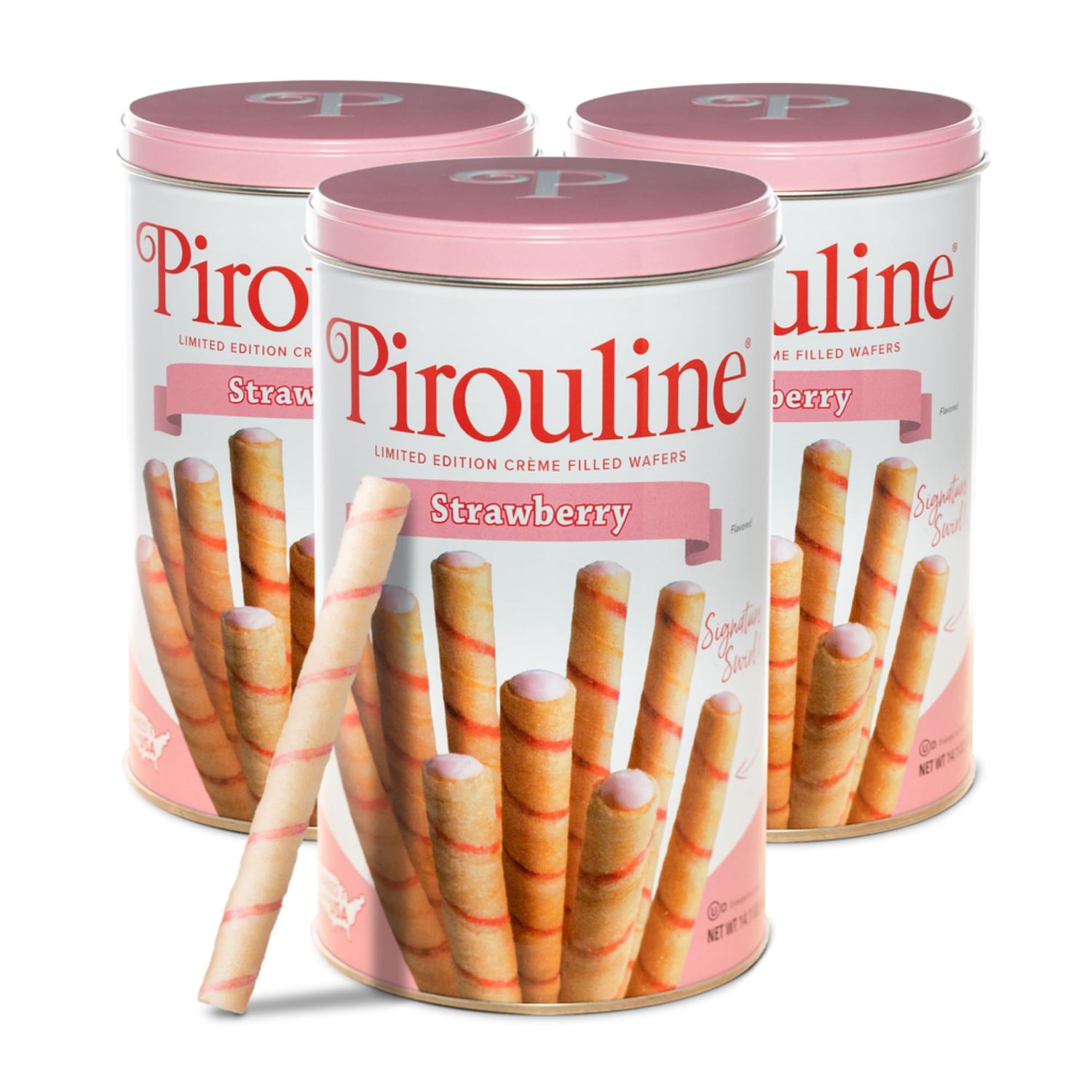 Pirouline Rolled Wafers - Strawberry - Rolled Wafer Sticks, Creme Filled Wafers, Rolled Cookies for Coffee, Tea, Ice Cream, Snacks, Parties, Gifts, and More - 14.1oz Tin 3 Pack