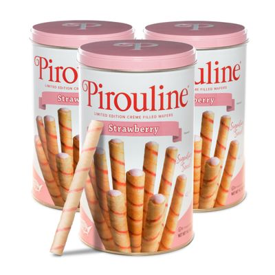 Pirouline Rolled Wafers - Strawberry - Rolled Wafer Sticks, Creme Filled Wafers, Rolled Cookies for Coffee, Tea, Ice Cream, Snacks, Parties, Gifts, and More - 14.1oz Tin 3 Pack