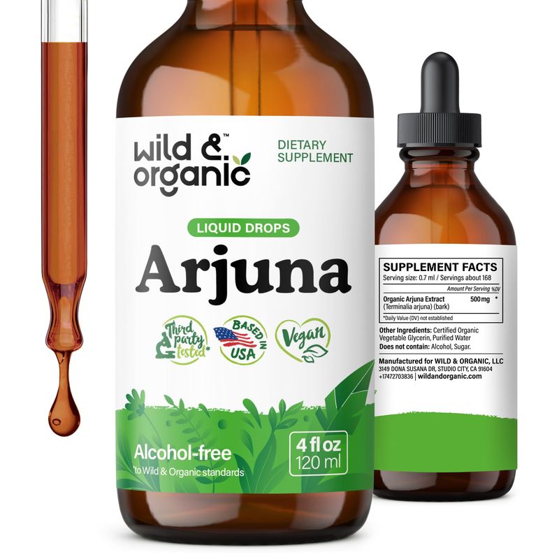 Wild &amp; Organic Arjuna Bark Tincture - Overall Well-Being Supplement - Alcohol-Free Liquid Drops - Terminalia Arjuna Bark Extract - No Sugar &amp; Additives, Non-GMO - 4 fl oz