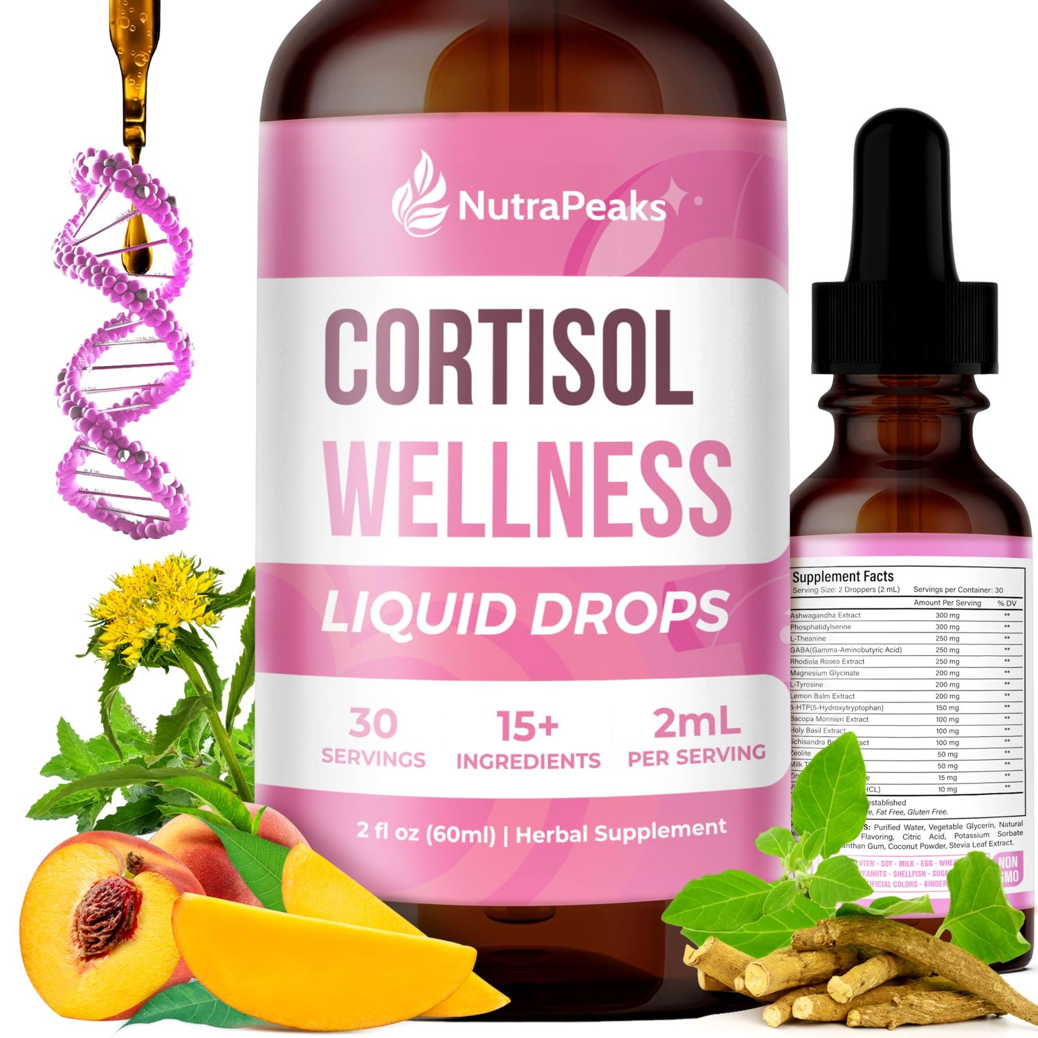 Cortisol Supplement Liquid Drops - Hormone Balance &amp; Mood Support for Women - 2 fl oz Adaptogen Complex with Ashwagandha, GABA, Magnesium Glycinate, Rhodiola, 5-HTP - Sugar Free, Vegan, Non-GMO