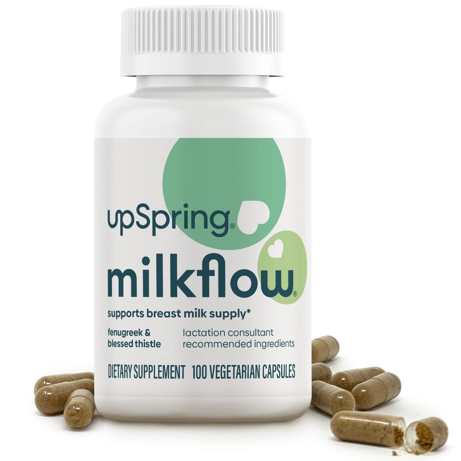 UpSpring Milkflow Lactation Supplement for Milk Supply Increase, Breastfeeding Supplements with Fenugreek &amp; Blessed Thistle, Non-GMO, Lactation Support 100 Vegan Capsules
