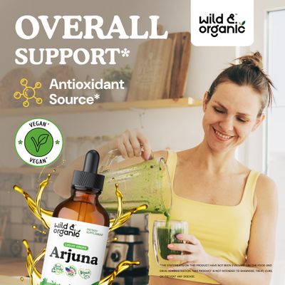 Wild &amp; Organic Arjuna Bark Tincture - Overall Well-Being Supplement - Alcohol-Free Liquid Drops - Terminalia Arjuna Bark Extract - No Sugar &amp; Additives, Non-GMO - 4 fl oz