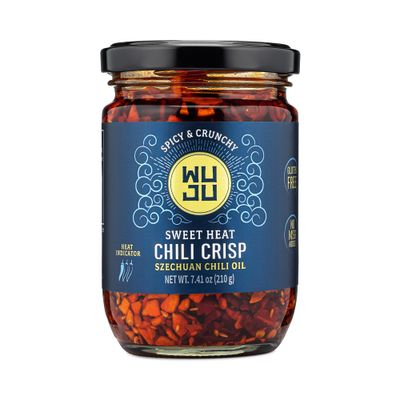 WUJU Sweet Chili Crisp - Crunchy Spicy Peppers, Chilies, Garlic Crisps, Sesame Seed in Szechuan Chili Oil, for Recipes, Toppings - 7.41 Ounce - 1 Pack