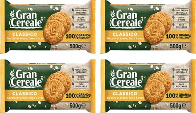 Mulino Bianco: Gran Cereale Classico Cereals Cookies, Classic Taste, High in Fibers Biscuits 17.63 Ounces 500g Package Pack of 4 Italian Import