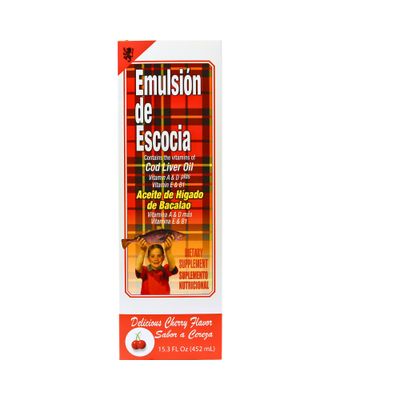 EMULSION DE ESCOCIA Cod Liver Oil, Dietary Supplement, Vitamins A, B1, D and E, Immune System Support, Cherry Flavor 15.3 Fl OzPack of 1