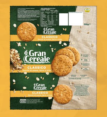 Mulino Bianco: Gran Cereale Classico Cereals Cookies, Classic Taste, High in Fibers Biscuits 17.63 Ounces 500g Package Pack of 4 Italian Import