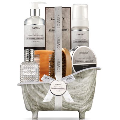 Birthday Gifts, Bath and Body Grooming Self Care Baskets, Rosemary Peppermint Birthday Gifts for Dad, Husband, Him Boyfriend, Spa Basket with Pheromone Perfume, Foam Soap, Beard Brush &amp; More