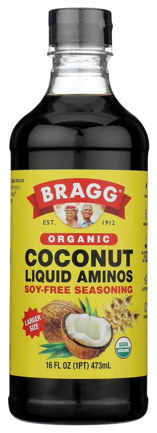 Bragg Organic Coconut Aminos - 16oz, Soy-Free Alternative, Gluten-Free, Dark &amp; Rich Flavor for Cooking - Vegan, No Salt Added, Packed with Amino Acids - Plant-Based Seasoning &amp; Marinade