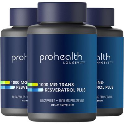 ProHealth Trans Resveratrol Plus 1000mg. Worlds Most Researched Trans-Res Supplement. Doctor Formulated with Quercetin &amp; BioEnhancers for Max Potency. Lab Tested 98 Pure. 30 Servings 3 Pack