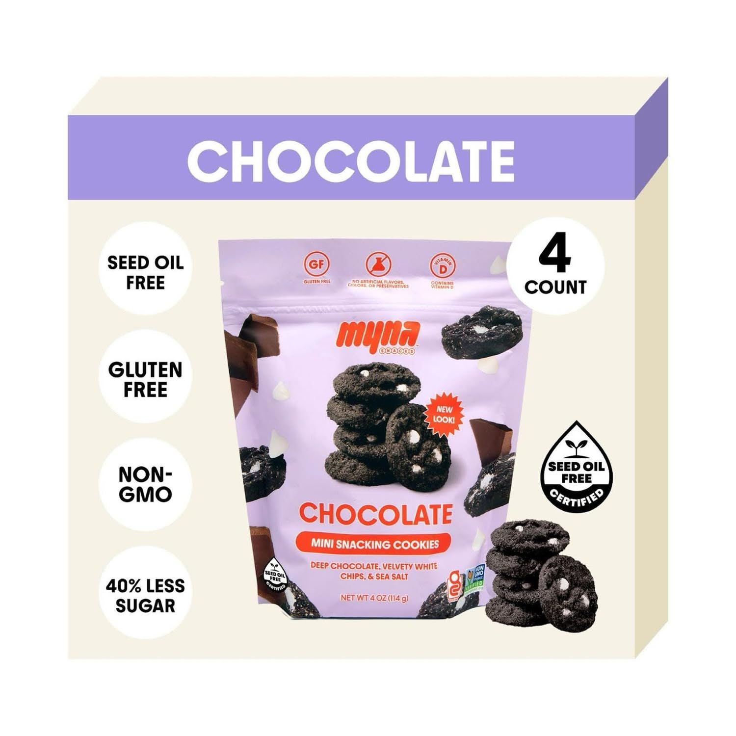 Myna Snacks Seed Oil Free Mini Snacking Cookies - Gluten Free and Dairy Free Chocolate Cookies with White Chips - Healthy Snacks and Sweets with Nothing Artificial, 16oz Pack of Four, 4oz Bags