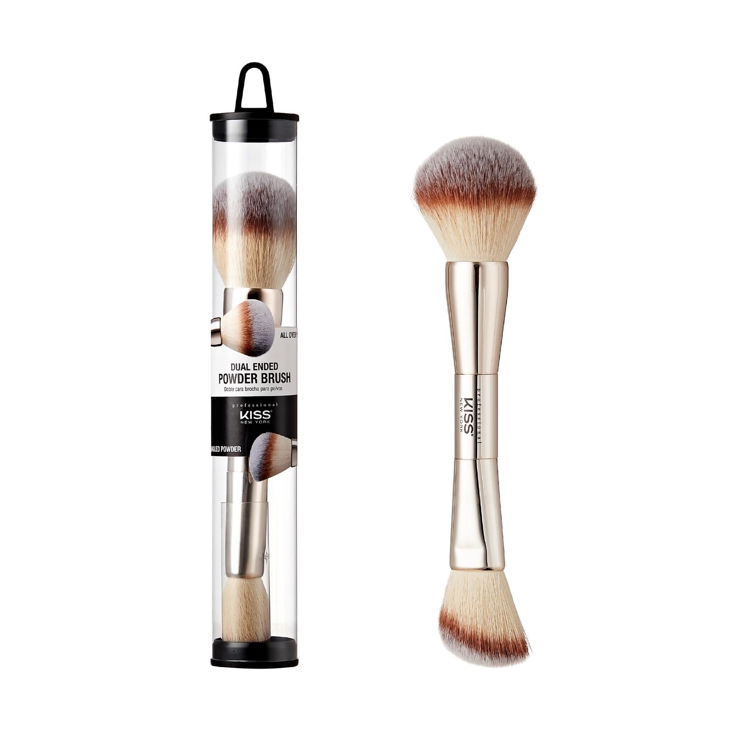 KISS NEW YORK Professional Dual Ended Powder Brush, All Over Face Application, Easy Sculped Look with Angled Powder Brush for Blush, Setting Powder, Contour