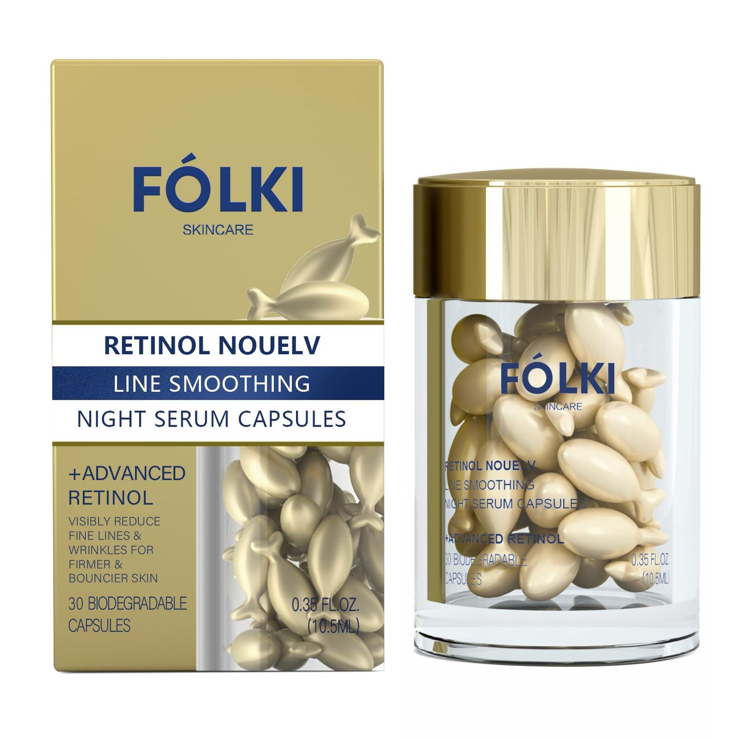 FOLKI Retinol Anti-Aging Wrinkle Night Serum,Daily Line Smoothing Skin Care Treatment for Fine Lines, Post-Acne Scars, 30 Individual Capsules, Unscented, 0.35 Fl Oz
