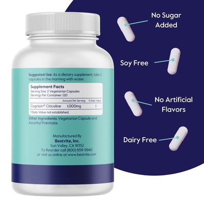 BESTVITE Cognizin 500mg 240 Vegetarian Capsules Value Size - Clinically Studied Premium Choline Nootropic - No Stearates - Vegan - Non GMO - Gluten Free - Brain Supplements for Memory and Focus