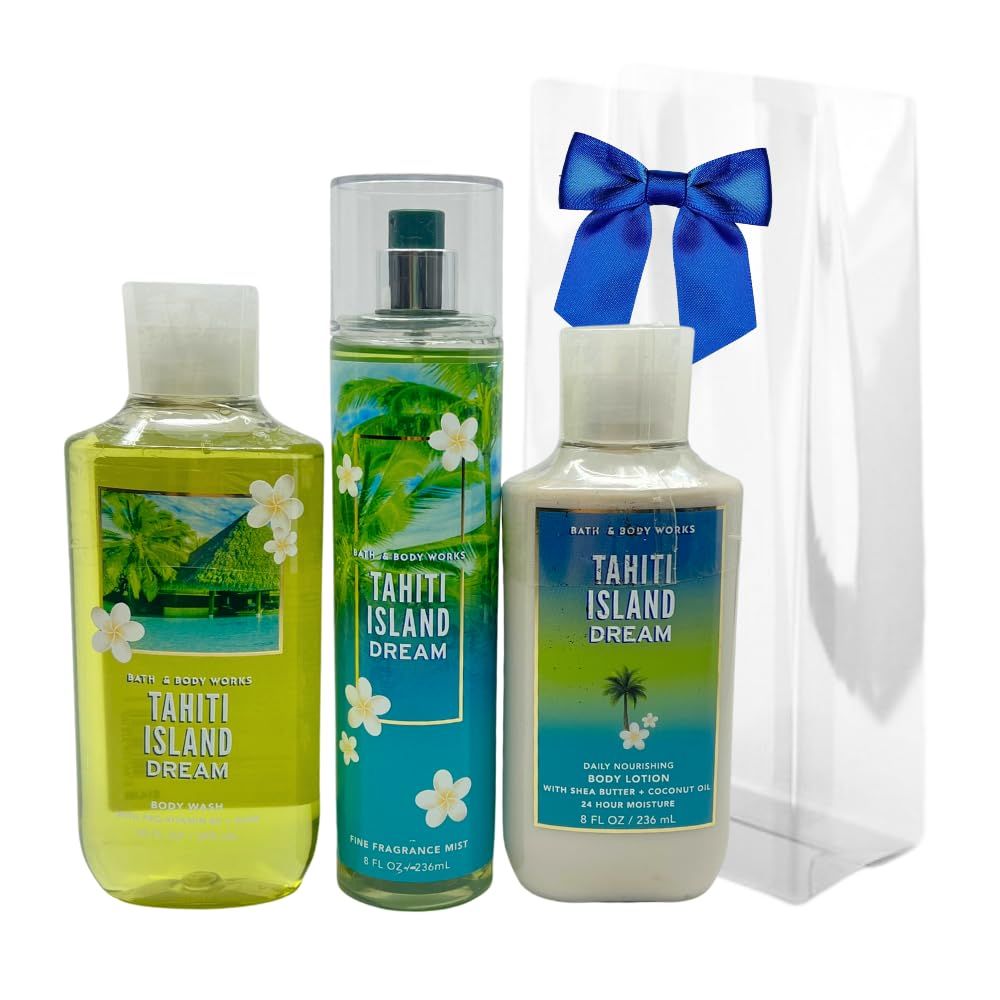 Bath &amp; Body Works TAHITI ISLAND DREAM 3pc bundle - Mist, Body Wash, Body Lotion Gift Set with a Blue Bow for Holidays &amp; Gifts - Full Size
