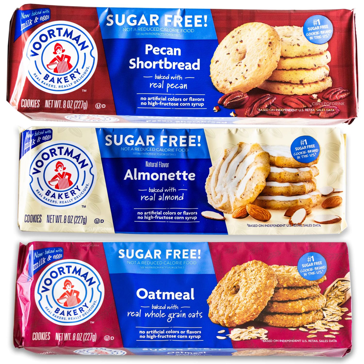 Voortman Sugar Free Cookies - Variety Pack - Oatmeal 1, 8oz packs - Iced Almonette 1, 8oz - Pecan Shortbread 1, 8oz - Made with Real Ingredients - 3 Packs Total