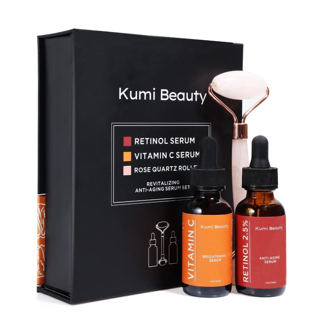 Kumi Beauty. K-Beauty Serums 3 in 1 Gift Box Set: 2 Face Serums Vitamin C Retinol 1 Rose Quartz Roller.