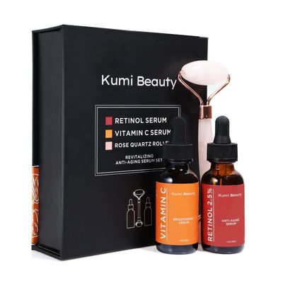 Kumi Beauty. K-Beauty Serums 3 in 1 Gift Box Set: 2 Face Serums Vitamin C Retinol 1 Rose Quartz Roller.