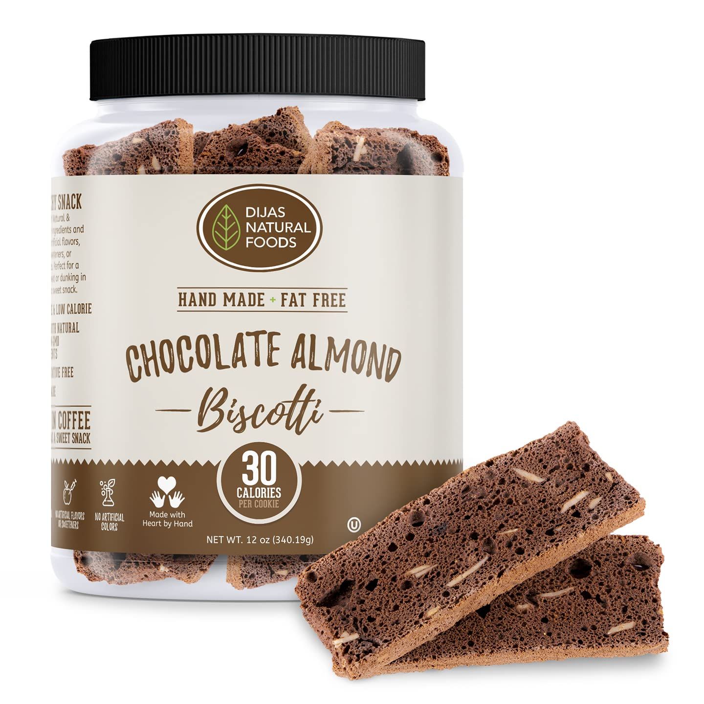 DIJAS Natural Foods, Individually Wrapped Fat Free Biscotti Cookies, All Natural Preservative Free Ingredients, Delicious Low Calorie Snack 12 oz, Chocolate Almond