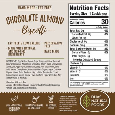 DIJAS Natural Foods, Individually Wrapped Fat Free Biscotti Cookies, All Natural Preservative Free Ingredients, Delicious Low Calorie Snack 12 oz, Chocolate Almond
