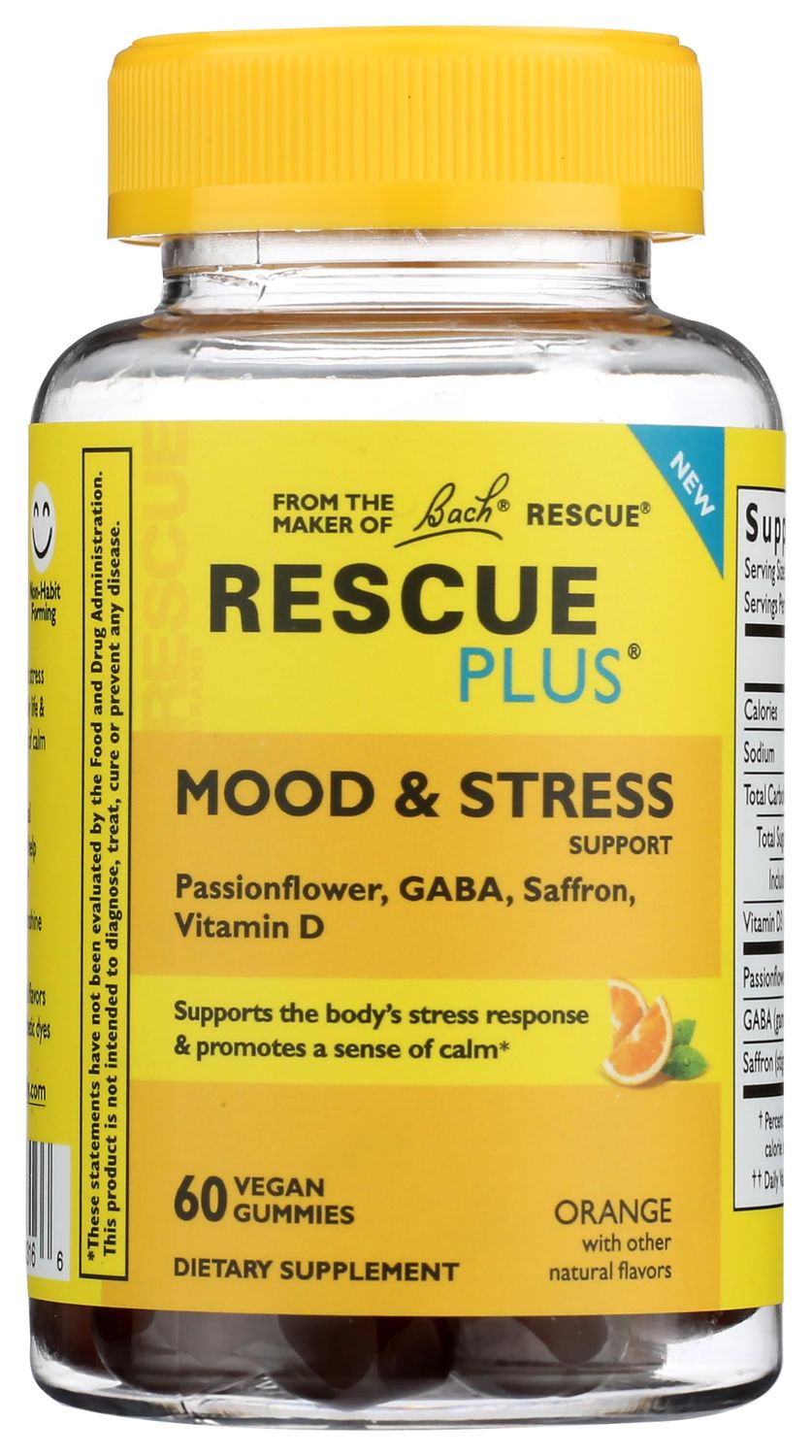 RESCUE Bach Plus Mood &amp; Stress Support Gummies, Daytime Dietary Supplement with Passionflower, GABA, Saffron &amp; Vitamin D, Natural Orange Flavor, Vegan &amp; Gluten-Free, 60 Count
