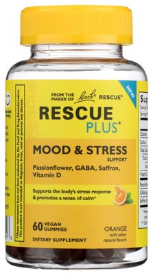 RESCUE Bach Plus Mood &amp; Stress Support Gummies, Daytime Dietary Supplement with Passionflower, GABA, Saffron &amp; Vitamin D, Natural Orange Flavor, Vegan &amp; Gluten-Free, 60 Count