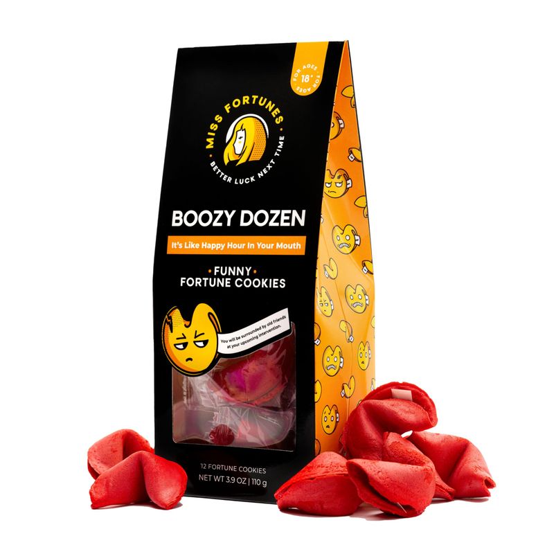 Miss Fortunes, Funny Fortune Cookies, The Boozy Dozen, It's Like Happy Hour In Your Mouth, Mardi Gras Party Starter, Written by Porfessional Comedy Writers 12 cookies, Red