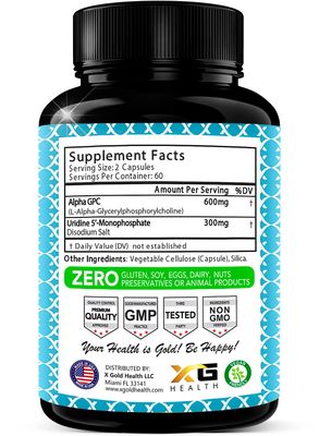 Alpha GPC Choline 600mg Uridine Monophosphate 300mg-2-in-1 Nootropic Supplement Helps Boost Focus, Energy & Cognitive Performance -Potent Mood Enhancer & Brain Focus Supplements -120 Veggie Capsules
