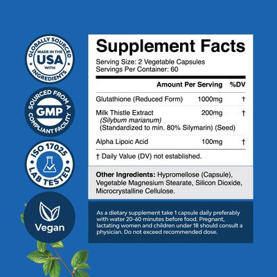 Reduced Glutathione Supplement with Milk Thistle - 1000mg Per Serving Plus Alpha Lipoic Acid and Silymarin Milk Thistle Complex for Liver Support Skin Complexion and Immune Support 60 Servings