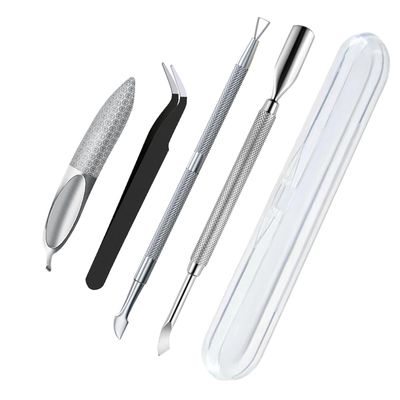 4Pcs Cuticle Pushers and Cutter Remover Set, Nail Files Buffers Stainless Steel Tweezers Kit Professional Cuticle Pusher Nail Polish Remover Metal Manicure Tool Storage Case for Fingernail and Toenail