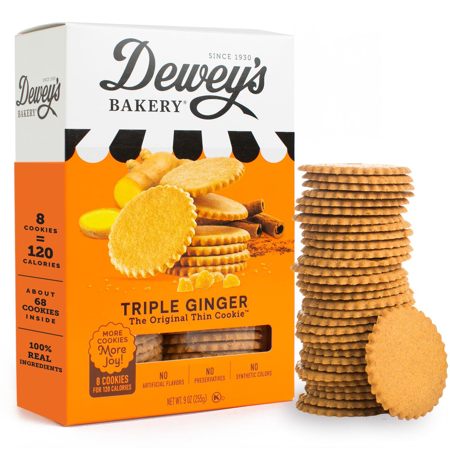 Dewey&#39;s Bakery Triple Ginger Cookie Thins No Artificial Flavors, Synthetic Colors or Preservatives Baked in Small Batches 9oz Pack of 1