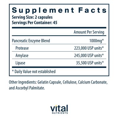 Vital Nutrients Pancreatic Enzymes 1000mg Full Strength Pancreatin Digestion Supplement with Protease, Amylase & Lipase Digestive Enzymes Gluten, Dairy, and Soy Free 90 Capsules