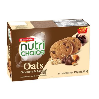 Britannia NutriChoice Oats Choco Almond 15.87oz 450g - Breakfast &amp; Tea Time Snacks - Delicious Grocery Cookies Pack of 1